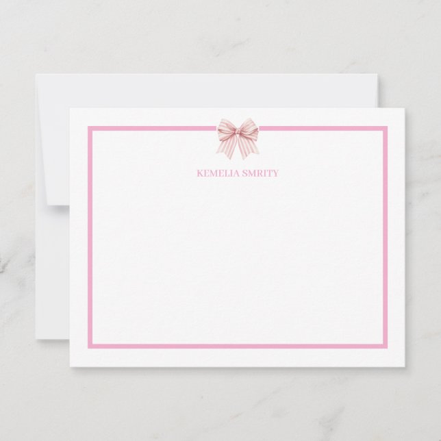Pink Bow Coquette Personalized Note Card (Front)