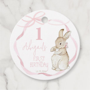 Pink Bow Coquette Peter the Rabbit 1st Birthday Favour Tags