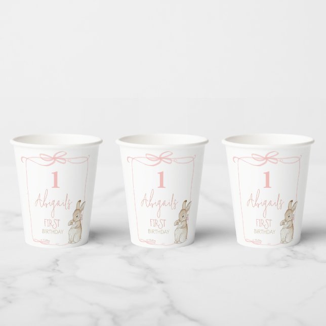 Pink Bow Coquette Peter the Rabbit 1st Birthday Paper Cups (Multi)