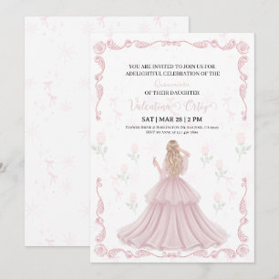 Pink Bow coquette Princess floral Quinceanera  Invitation