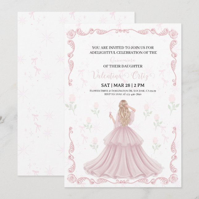 Pink Bow coquette Princess floral Quinceanera  Invitation (Front/Back)