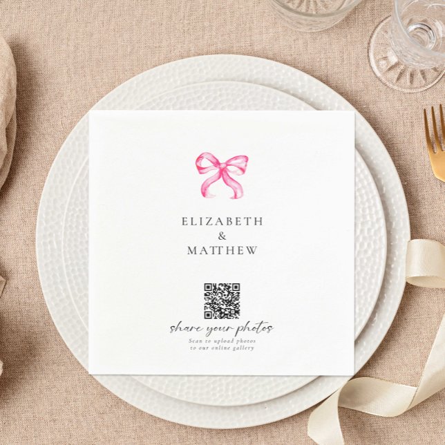 Pink Bow Coquette Share Photos QR Wedding Napkin (Creator Uploaded)