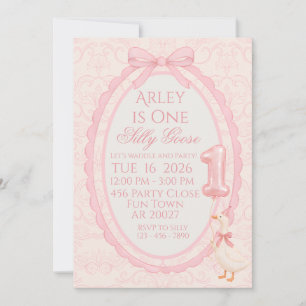 Pink Bow Coquette Silly Goose 1st Birthday Invitat Invitation