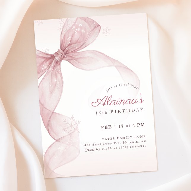 Pink Bow Coquette Snowflake Winter 15th Birthday Invitation (Creator Uploaded)
