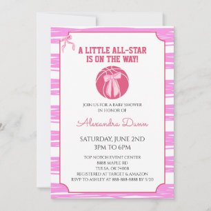 Pink Bow Coquette Stripes Basketball Baby Shower Invitation