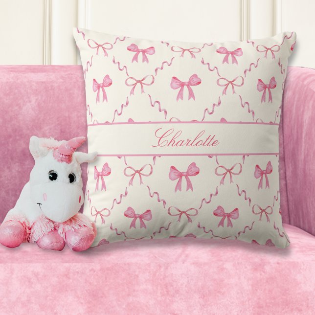 Pink Bow Coquette Throw Pillow (sweet girly coquette pink bow throw pillow with custom name, personalized gift for teen girl, woman)