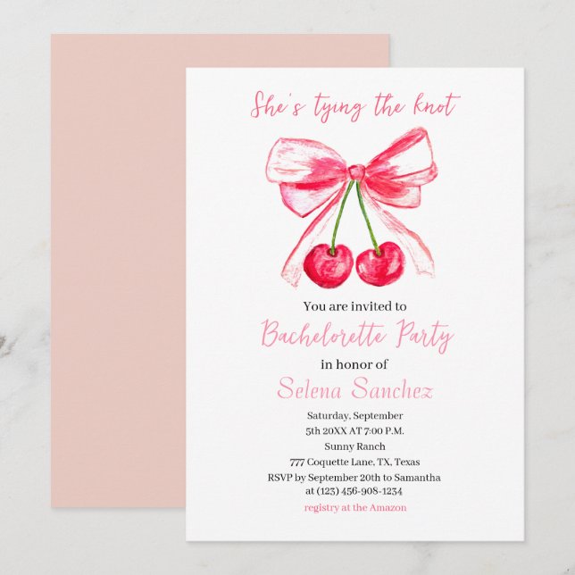 Pink Bow Coquette Watercolor Bachelorette Party Invitation (Front/Back)