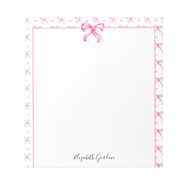 Pink Bow Coquette Watercolor Cute Custom Name Notepad (Front)
