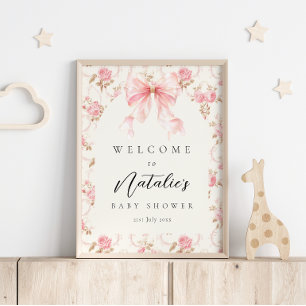 Pink Bow Cottage Floral Baby Shower Welcome Sign