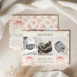 Pink Bow Cottage Floral Blessed Baby Photo Birth Announcement
