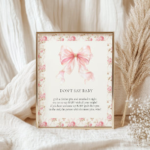 Pink Bow Cottage Floral Dont Say Baby Shower Game Poster