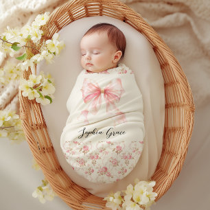 Pink Bow Cottage Floral New Baby Shower Nursery Fleece Blanket