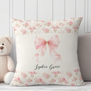 Pink Bow Cottage Floral New Baby Shower Nursery Throw Pillow