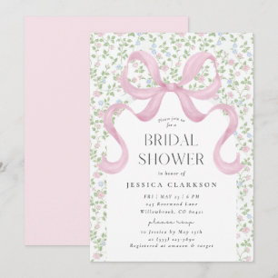 Pink Bow Cottagecore Floral Bridal Shower  Invitation