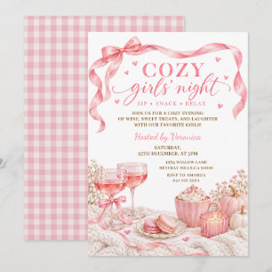Pink Bow Cozy Girls’ Night Pumpkin Fall Wine Party Invitation