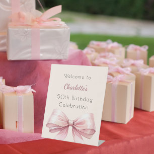 Pink bow cream beige birthday party welcome pedestal sign