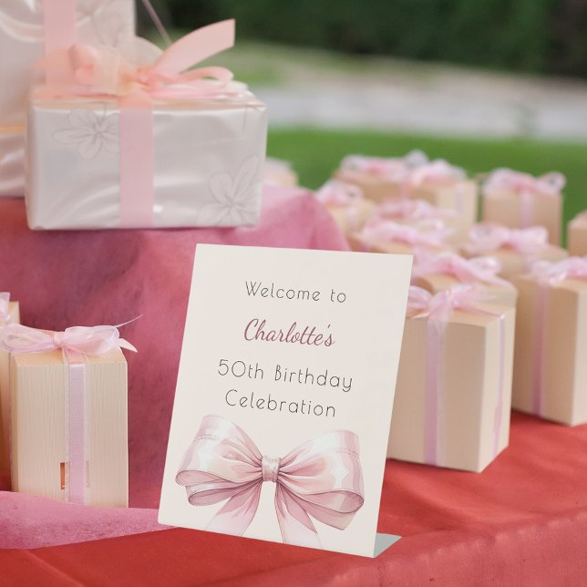 Pink bow cream beige birthday party welcome pedestal sign (Creator Uploaded)
