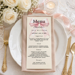 Pink bow cream birthday menu card