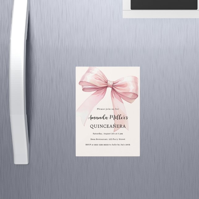 Pink bow cream elegant Quinceanera luxury Magnetic Invitation (Creator Uploaded)