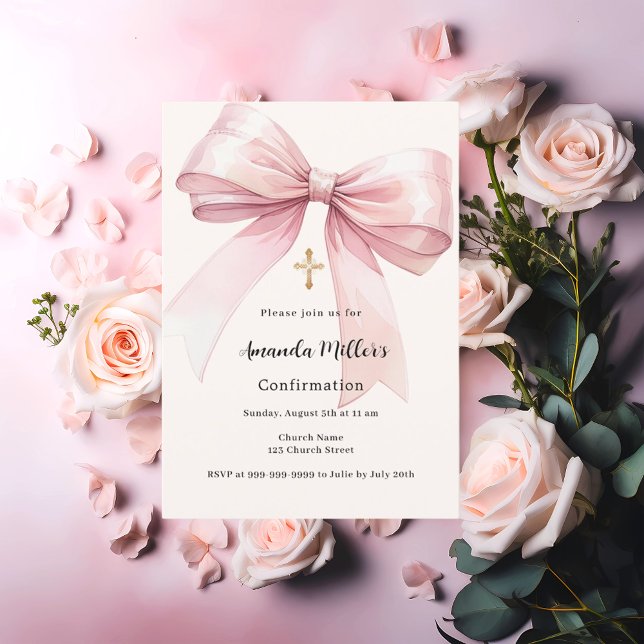 Pink bow cream girl Confirmation Invitation (Creator Uploaded)