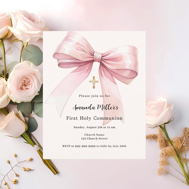 Pink bow cream girl First Communion invitation (Creator Uploaded)