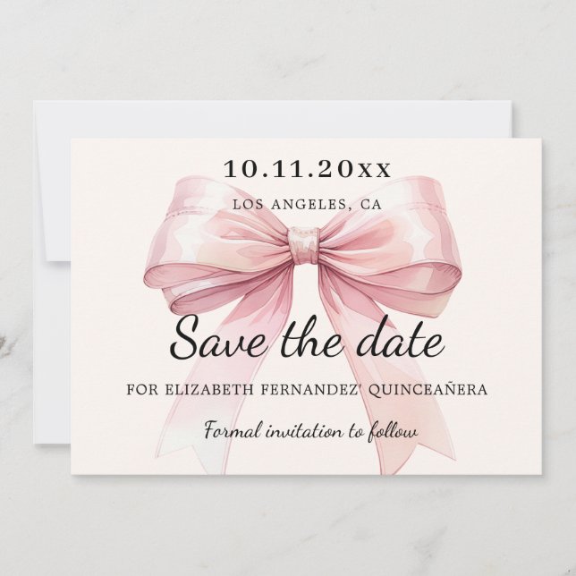 Pink bow cream Quinceanera Save the Date card (Front)