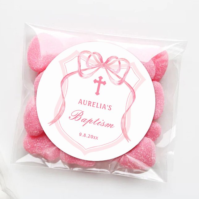 Pink Bow Crest Baptism Classic Round Sticker (Creator Uploaded)