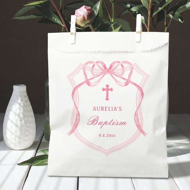 Pink Bow Crest Baptism Favour Bag (Creator Uploaded)
