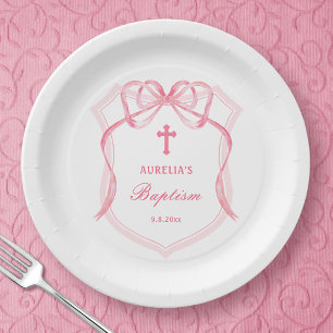 Pink Bow Crest Baptism Paper Plate