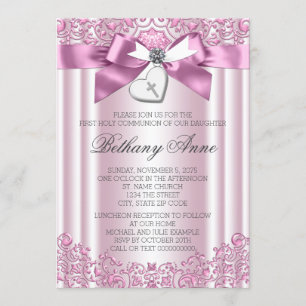 Pink Bow Cross First Communion Invitation