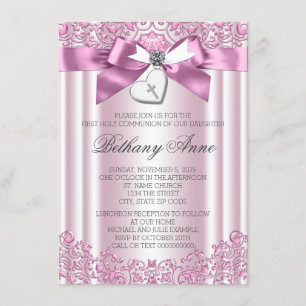Pink Bow Cross First Communion Invitation