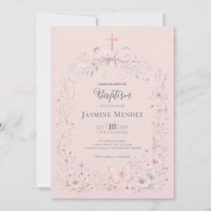 Pink Bow Cross Floral Butterflies Girl Baptism  Invitation