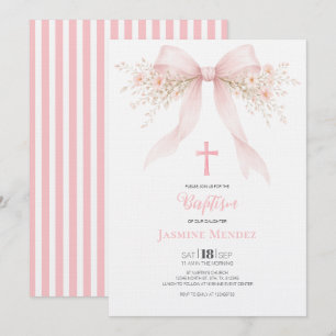 Pink Bow Cross Floral Stripes Girl Baptism  Invitation