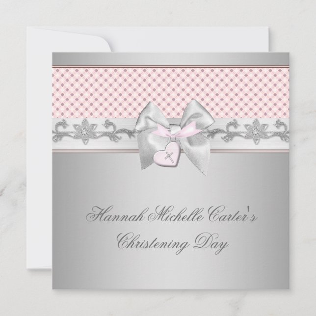 Pink Bow Cross Girls Pink Baptism Chirstening Invitation (Front)