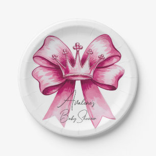 Pink Bow & Crown Baby Shower Celebration Paper Plate