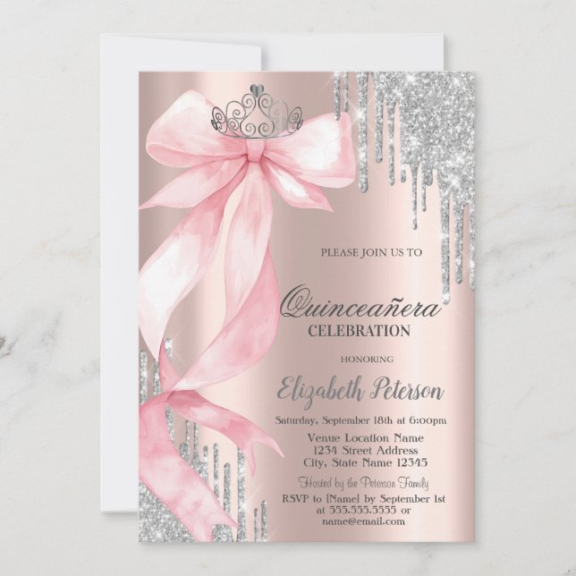 Pink Bow Crown Glitter Drips Rose Gold Quinceañera Invitation (Front)