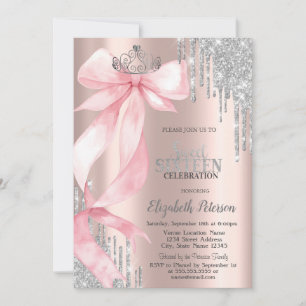Pink Bow Crown Glitter Drips Rose Gold Sweet 16 Invitation