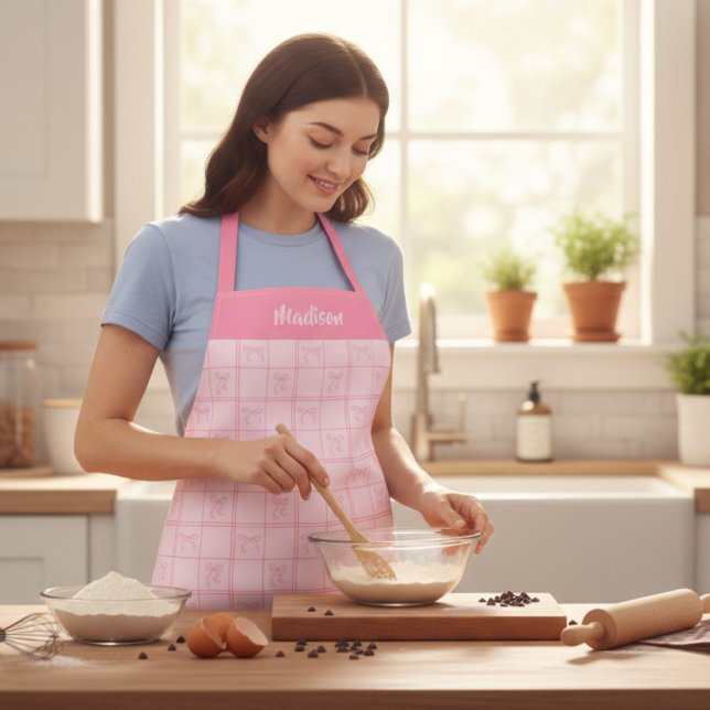 Pink Bow Custom Name Girly Kitchen Gift Apron (Creator Uploaded)