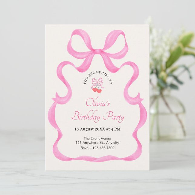 Pink bow cute birthday invitation (Standing Front)
