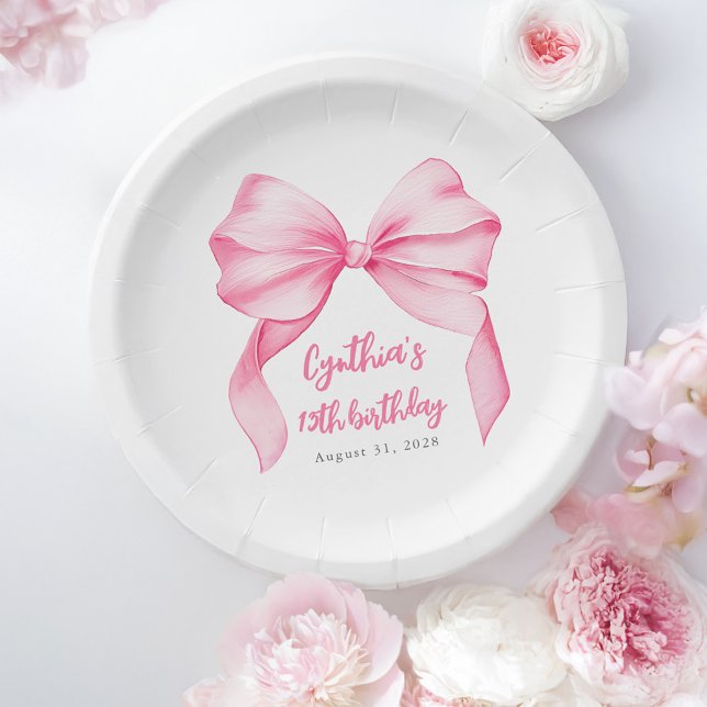Pink Bow Cute Birthday Party Paper Plate (Pink Bow Birthday Paper Plates)