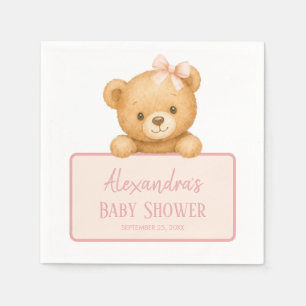 Pink Bow Cute Brown Teddy Bear Baby Girl Shower Napkin