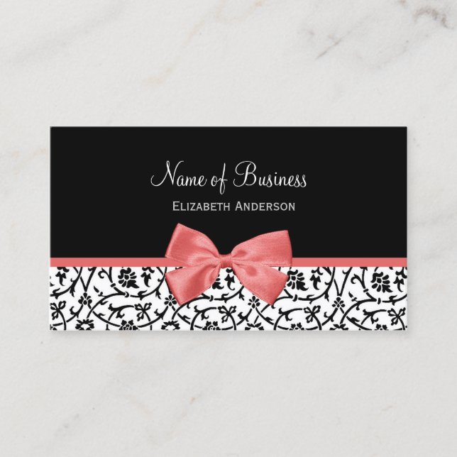 Pink Bow Damask Boutique Business Card (Front)