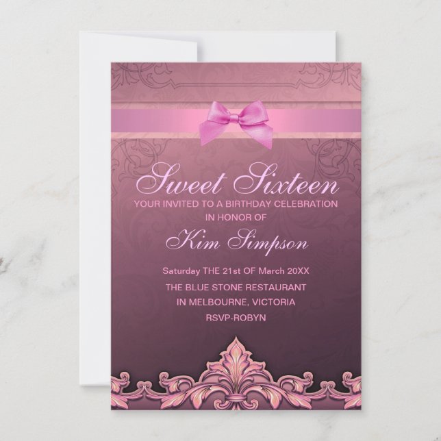 Pink Bow & Damask Sweet 16 Birthday Invite (Front)