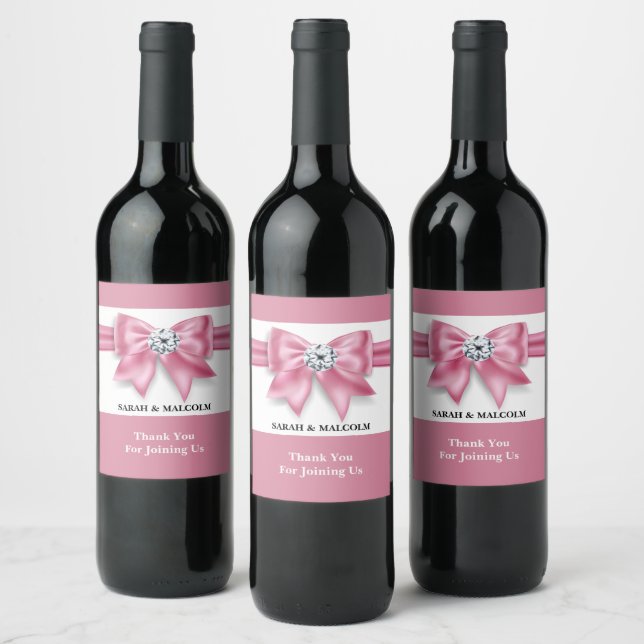 Pink bow diamond sparkle elegant wedding favour  wine label (Bottles)