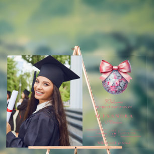 Pink Bow Disco Ball Graduation Party Acrylic Sign