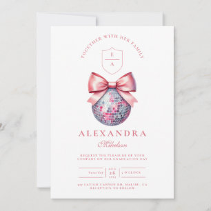 Pink Bow Disco Ball Graduation Party Invitation