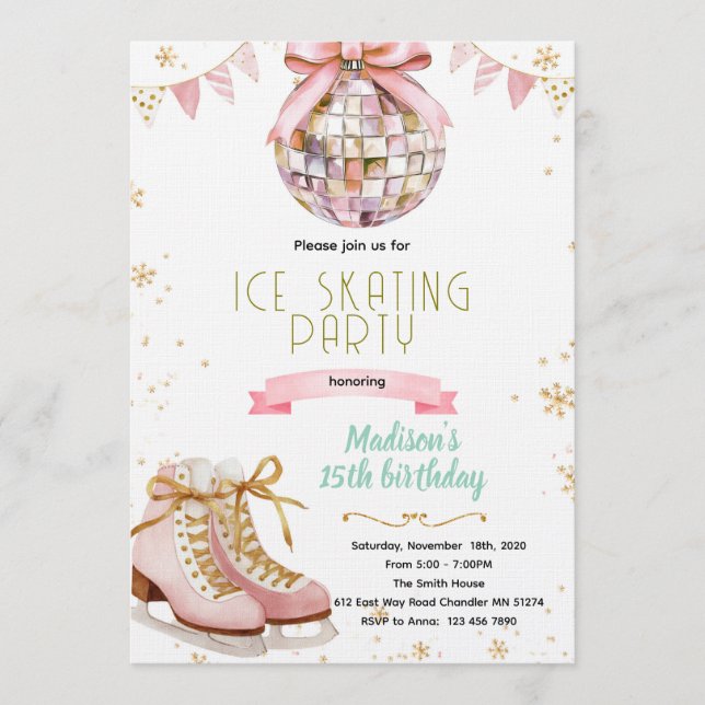Pink bow disco ice skating party invitation (Front)