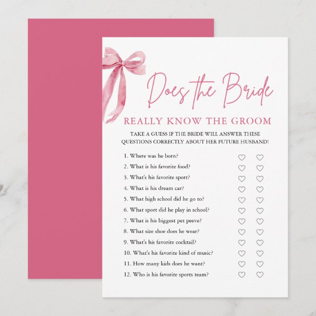Pink Bow Does The Bride Really Know The Groom Game Invitation (Front/Back)