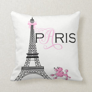 Pink Bow Eiffel Tower Paris France Poodle Custom Throw Pillow