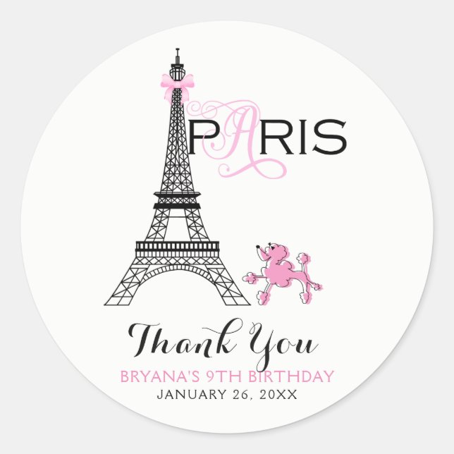 Pink Bow Eiffel Tower Paris France Poodle Party Classic Round Sticker (Front)